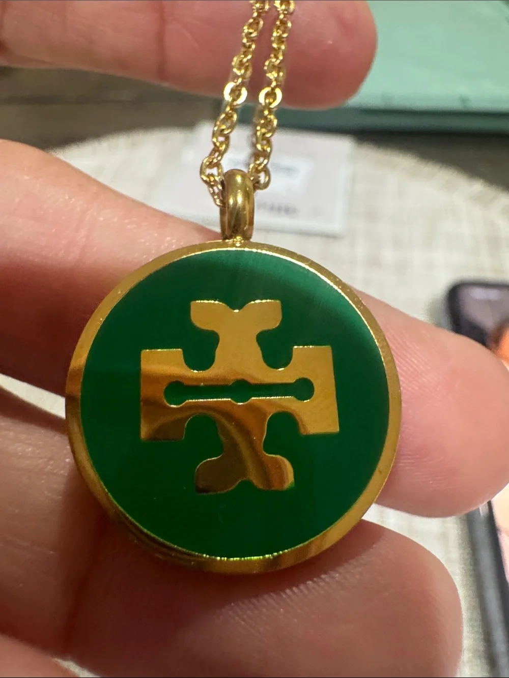 Tory Burch Green Enamel and Gold Logo Necklace, Bracelet & Earrings Set